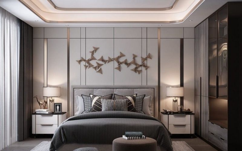 Mẫu thạch cao phòng ngủ 12m2 thiết kế bo tròn với hệ thống đèn led hiện đại
