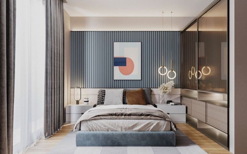 Phòng ngủ 12m2 trần đơn giản, phối nội thất hài hòa