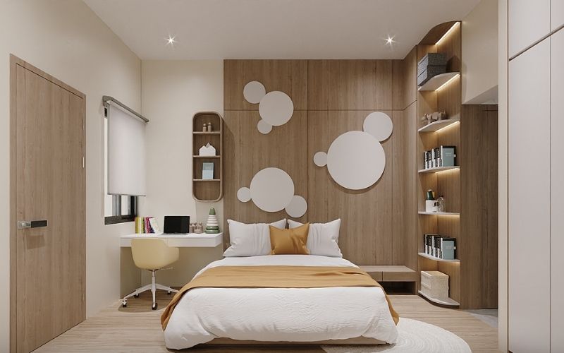 Mẫu phòng bé trai với trần thạch cao kết hợp nội thất gỗ tạo cảm giác gần gũi, sang trọng