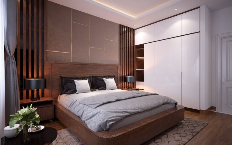 Mẫu thạch cao đơn giản kết hợp nội thất gỗ mang lại không gian phòng ngủ ấm cúng