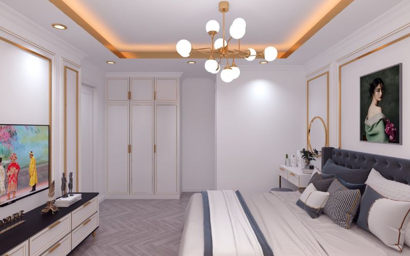 Trần giật cấp phòng ngủ nhà ống kết hợp đèn ánh sáng vàng tạo cảm giác ấm áp, thư giãn