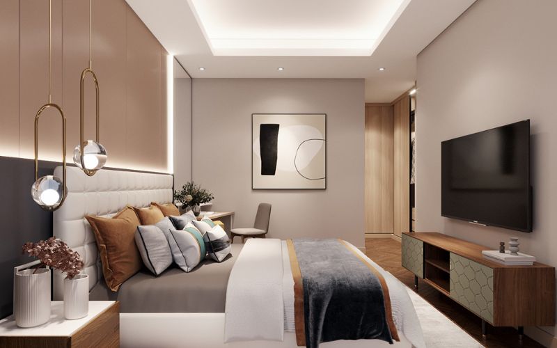 Phòng ngủ nhà ống gam màu trầm thiết kế trần giật cấp tạo cảm giác thoải mái, ấm cúng