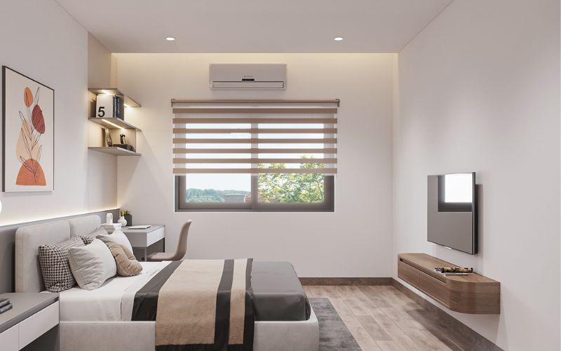 Thiết kế trần phẳng phòng ngủ nhà ống kết hợp cửa sổ lớn giúp không gian thoáng mát hơn