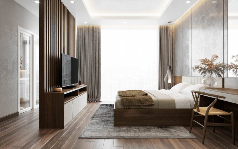 Trần thạch cao phòng ngủ kết hợp vách ngăn phòng bằng gỗ