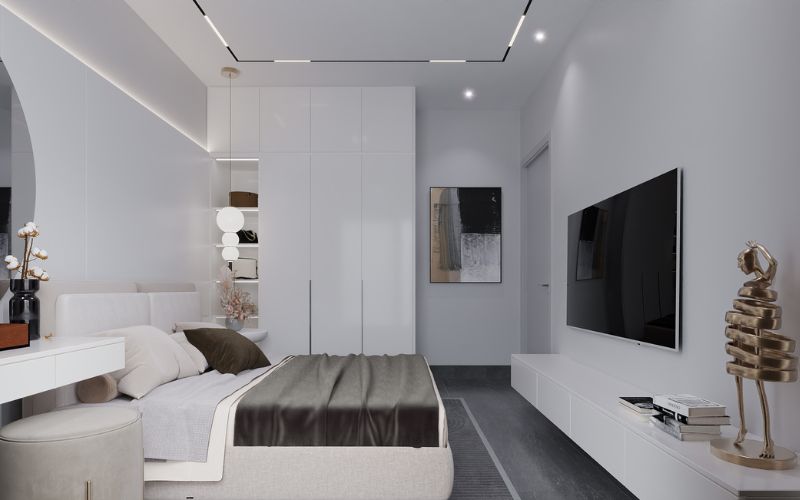 Trần phẳng phòng ngủ nhà ống, trang trí đèn thả hiện đại
