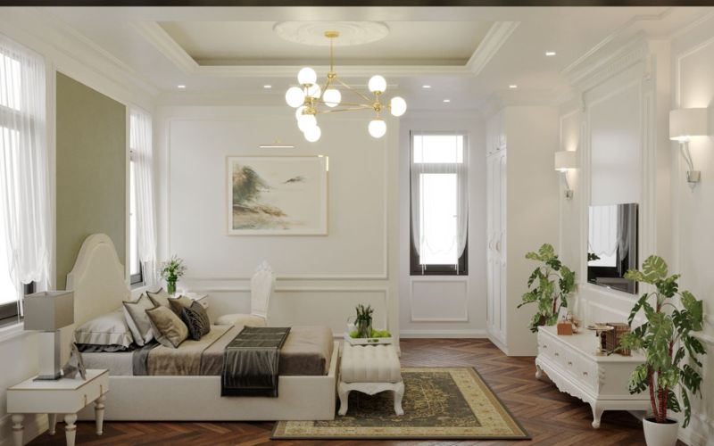 Trần thạch cao phòng ngủ 10m2 giật cấp với các họa tiết đơn giản, đẹp mắt