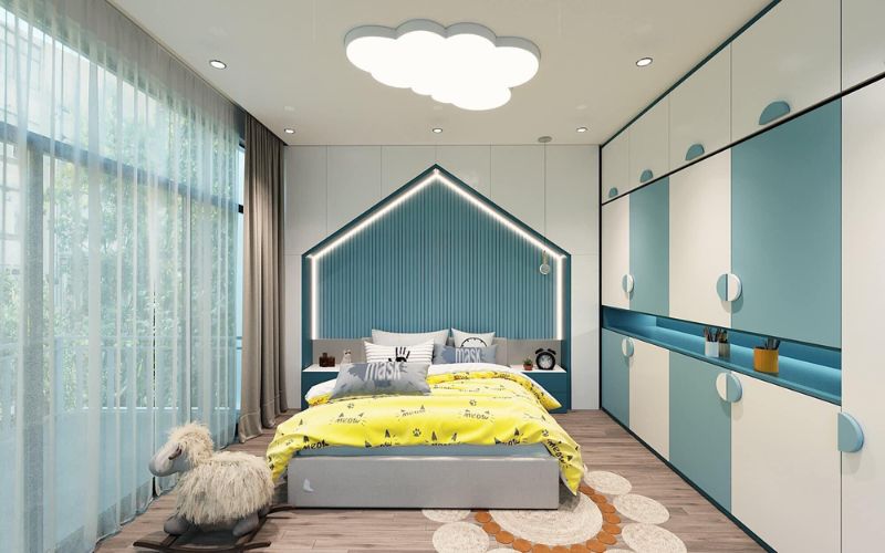 Trần thạch cao phòng ngủ bé trai 10m2 gam màu tươi sáng mang lại không gian rộng rãi, năng động