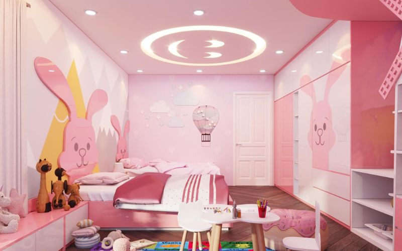 Mẫu trần thạch cao phòng ngủ 10m2 cho bé gái với sắc hồng đáng yêu