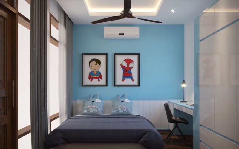 Trần thạch cao phòng ngủ 10m2 cho bé trai có gắn quạt trần