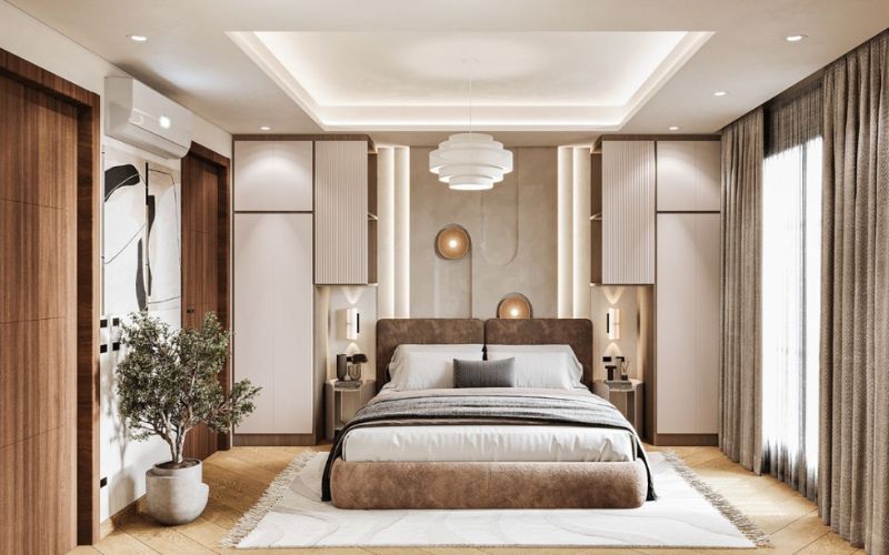 Trần thạch cao phòng ngủ 10m2 giật cấp kết hợp tường trang trí độc đáo