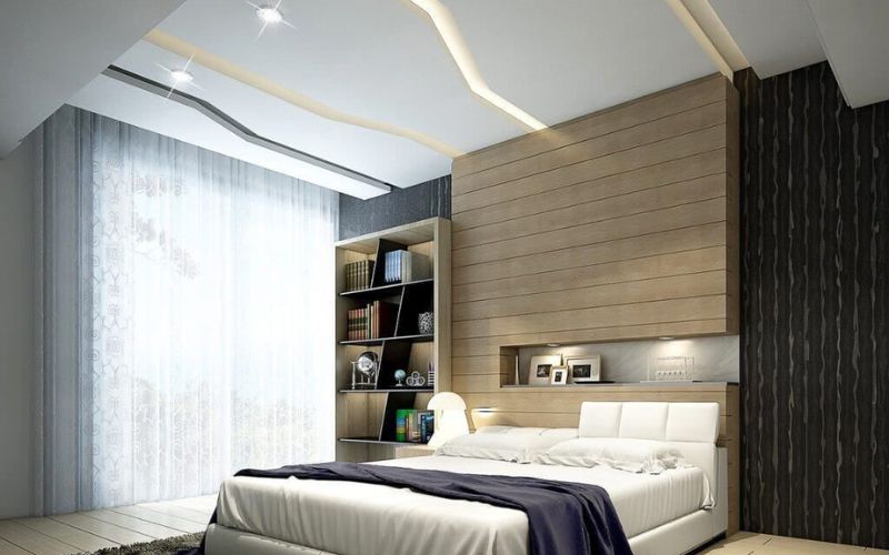 Mẫu trần thạch cao phòng ngủ gợn sóng kết hợp cùng đèn led độc đáo