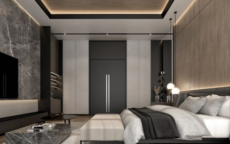 Trần thạch cao phòng ngủ 10m2 ốp gỗ sang trọng, tinh tế