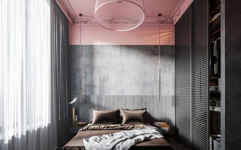 Trần thạch cao phòng ngủ 10m2 với màu sắc tương phản và điểm nhấn họa tiết tinh tế