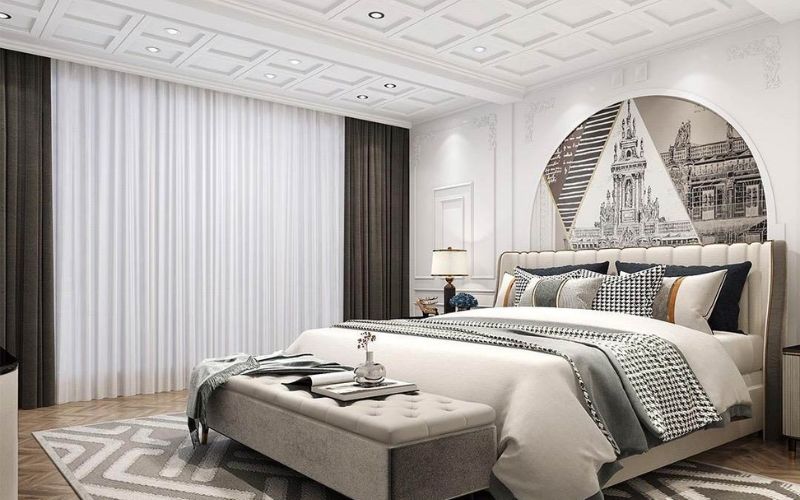 Trần thạch cao phòng ngủ 10m2 có họa tiết ô vuông độc đáo