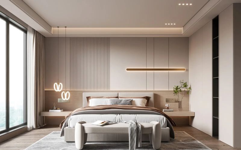Trần thạch cao phòng ngủ 10m2 giật cấp gắn đèn thả sang trọng