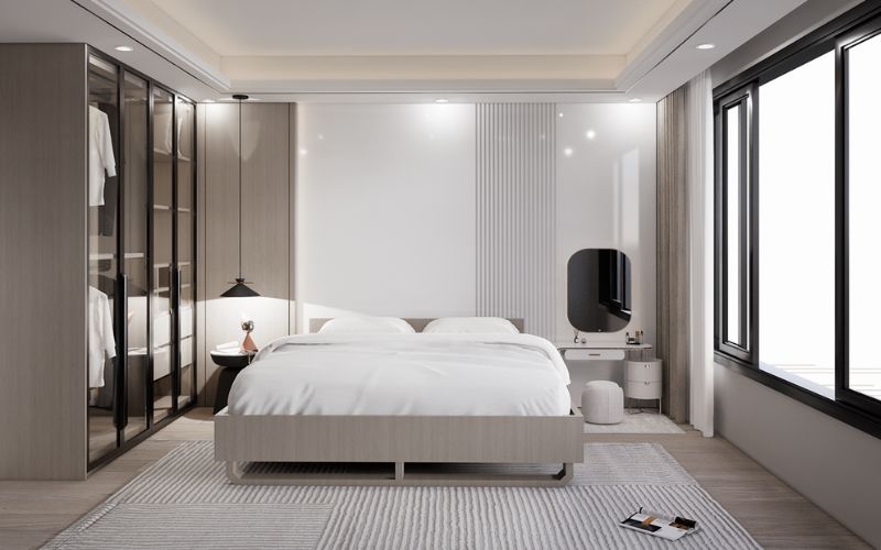 Trần thạch cao phòng ngủ 12m2 với màu trắng chủ đạo tạo cảm giác nhẹ nhàng, bình yên