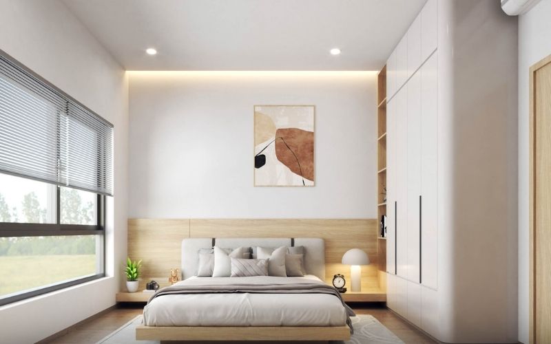 Mẫu trần phẳng giúp không gian phòng ngủ nhỏ thoáng đãng, mát mẻ