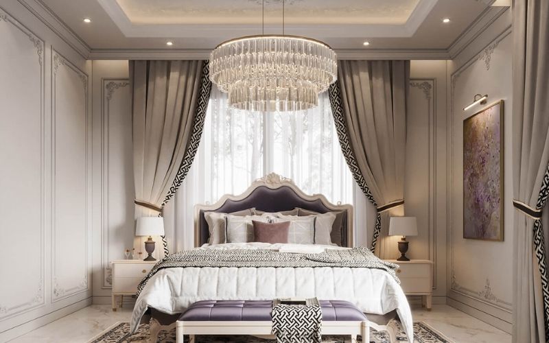 Phòng ngủ vợ chồng trần thạch cao Tân cổ điển tone tím lãng mạn, thanh lịch