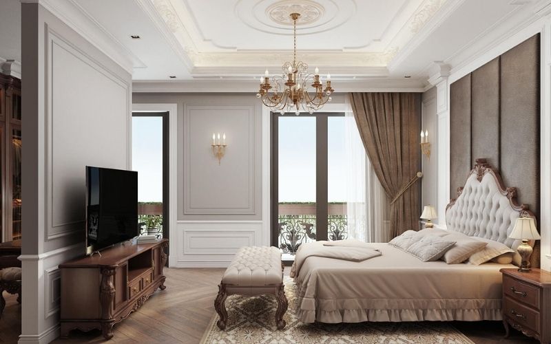 Mẫu thạch cao phòng ngủ vợ chồng Tân cổ điển gam màu sáng sang trọng, quyền quý