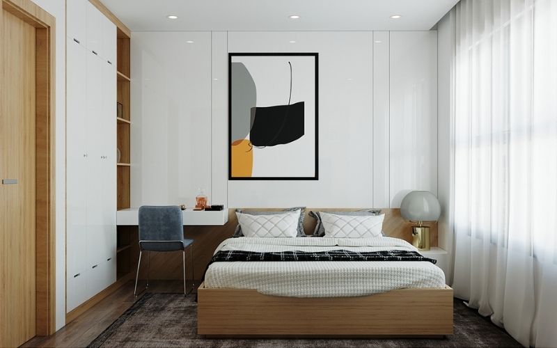 Phòng ngủ 10m2 trần thạch cao với nội thất phong cách tối giản
