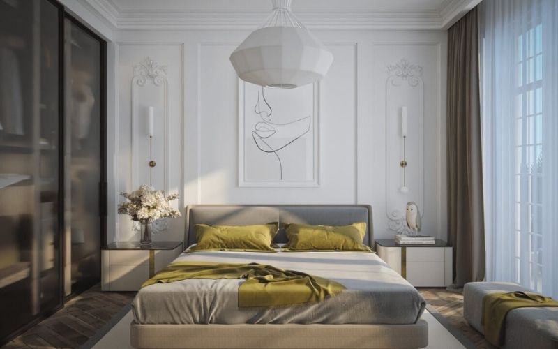 Phòng ngủ vợ chồng 20m2 trần thạch cao gam màu trắng sang trọng, tinh tế