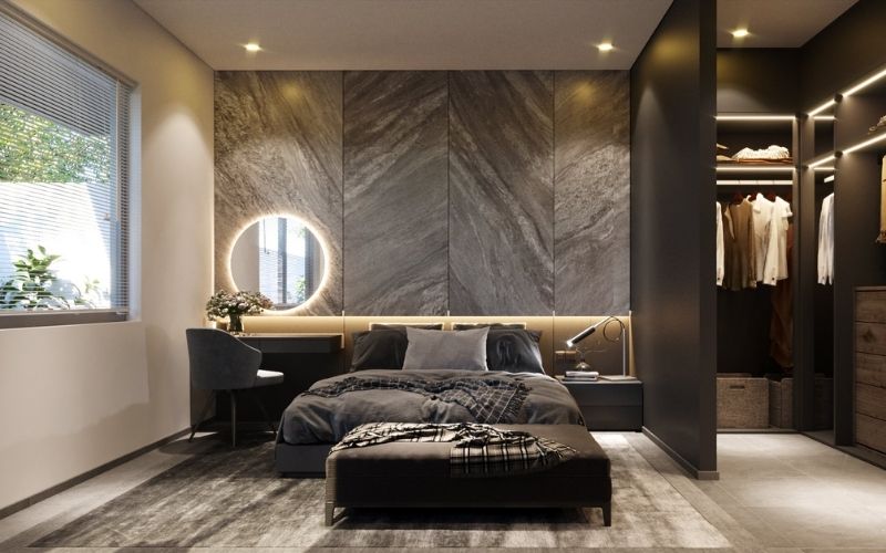 Phòng ngủ vợ chồng 20m2 trần thạch cao có vách ngăn