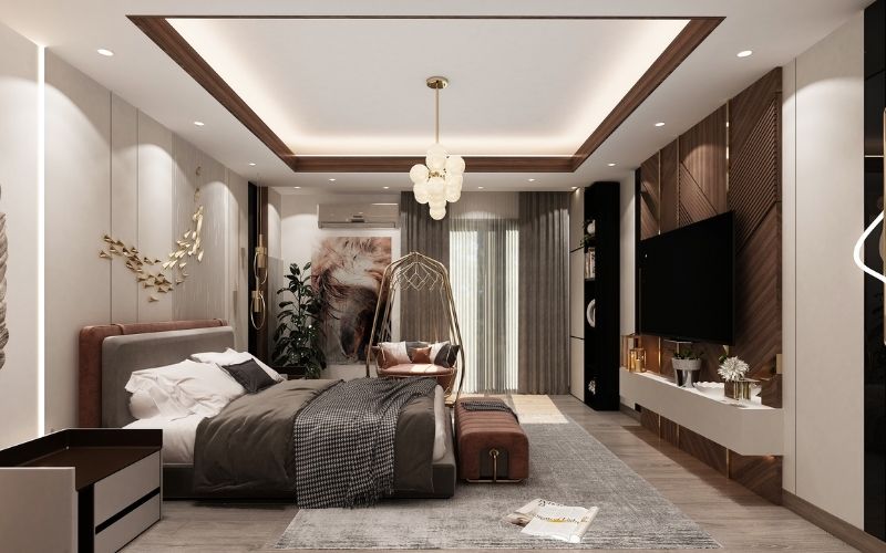 Mẫu trần giật cấp phòng ngủ vợ chồng gắn đèn chùm sang trọng