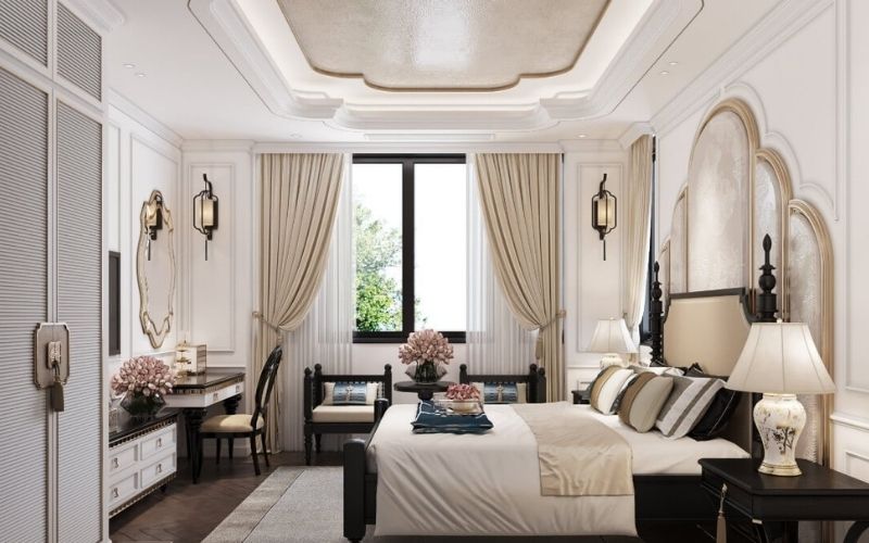 Phòng ngủ vợ chồng thiết kế trần thạch cao với đường viền độc đáo