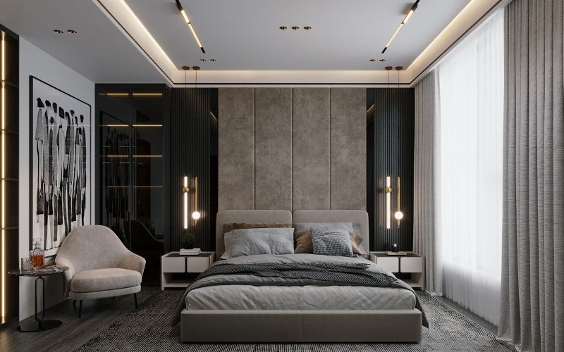 Trần thạch cao phòng ngủ vợ chồng với tranh treo tường nghệ thuật