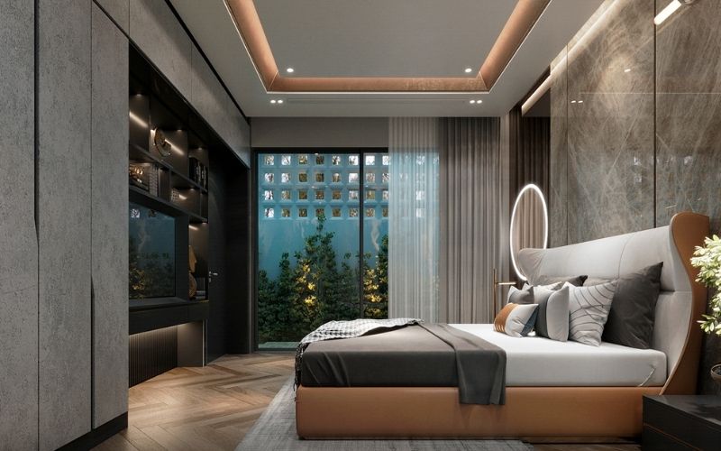 Mẫu thạch cao phòng ngủ vợ chồng đẹp, sử dụng chất liệu đá ốp sang trọng
