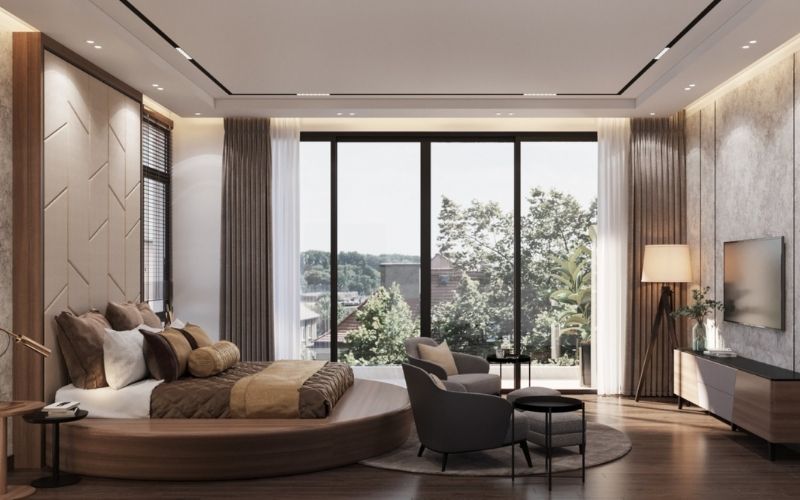 Trần thạch cao phòng ngủ vợ chồng nhà phố với thiết kế giường ngủ ấn tượng
