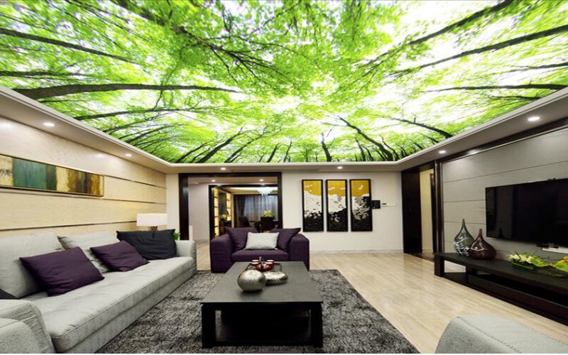 Tận hưởng không gian phòng khách thư giãn với mẫu trần thạch cao 3D phong cảnh thiên nhiên