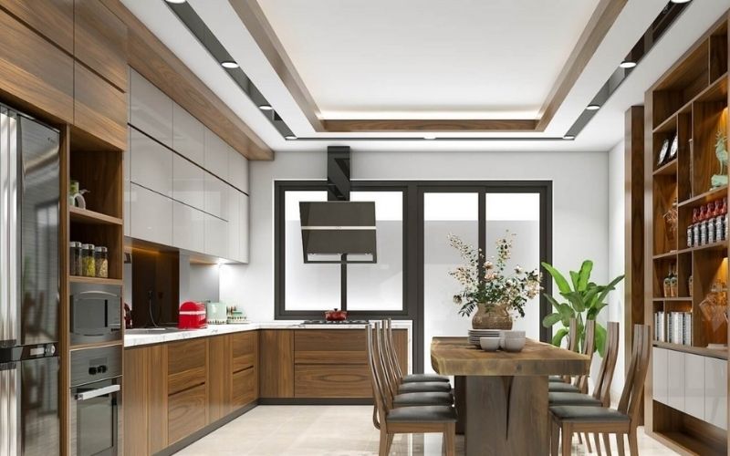 Trần thạch cao nhà bếp giật cấp với hệ thống đèn LED kết hợp nội thất gỗ sang trọng