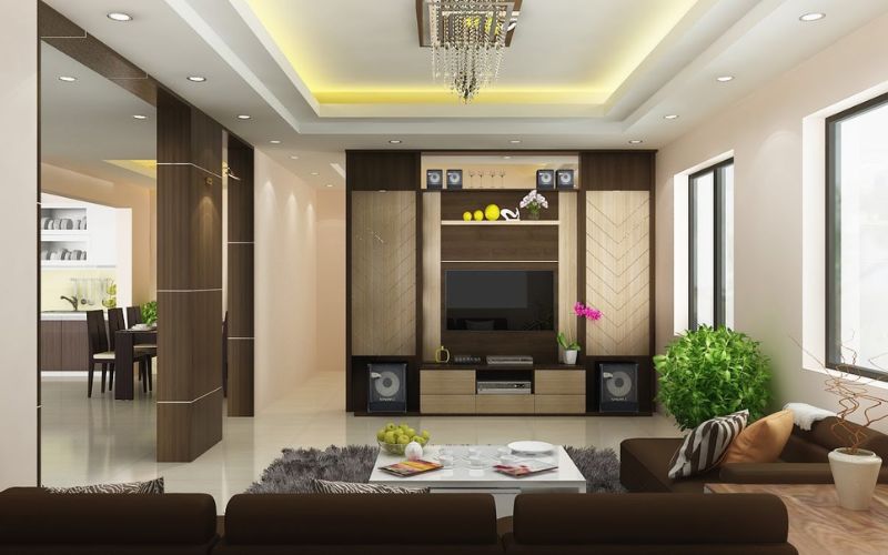 Trần thạch cao giật cấp giúp tạo điểm nhấn, chiều sâu cho không gian phòng khách