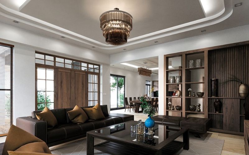 Không gian phòng khách trần thạch cao giật cấp đi đèn led sang trọng