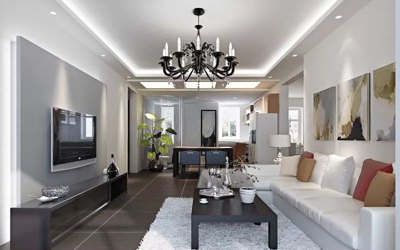 Mẫu trần thạch cao hình chữ nhật phòng khách liền bếp đơn giản, hiện đại