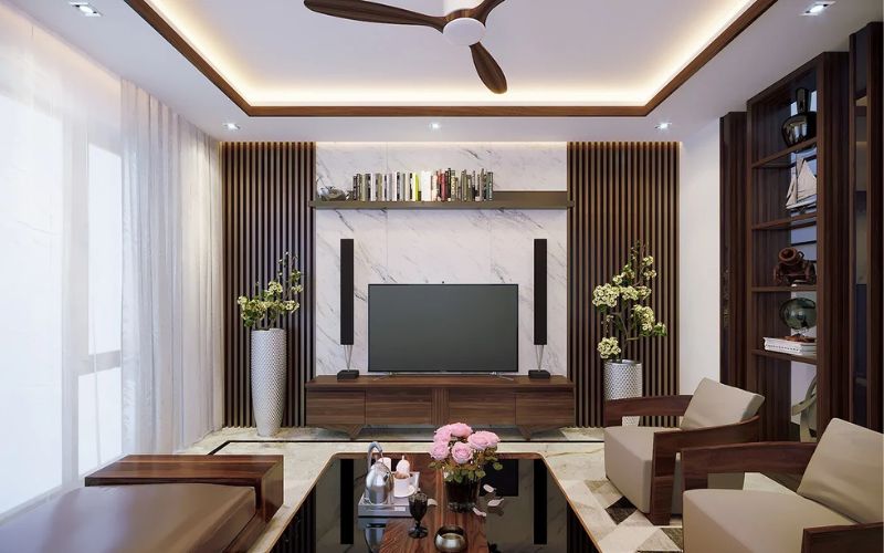 Phòng khách thiết kế trần thạch cao hình chữ nhật kết hợp chất liệu gỗ sang trọng, thanh lịch
