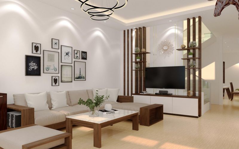 Mẫu trần thạch cao phòng khách hình chữ nhật đơn giản, thiết kế đèn chùm làm điểm nhấn