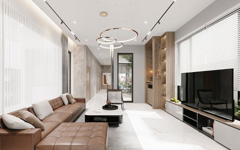 Mẫu trần thạch cao phẳng kết hợp đèn thả độc đáo tránh sự đơn điệu cho phòng khách