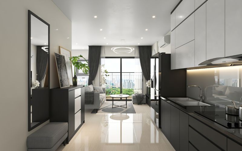 Trần phẳng phòng khách liền bếp nhà chung cư hiện đại