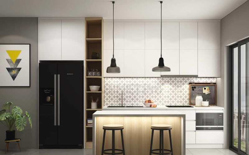 Phòng bếp nhỏ ứng dụng trần phẳng sẽ tạo cảm giác rộng rãi, thoải mái