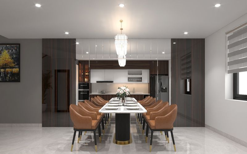 Trần thạch cao phẳng phòng bếp trang trí đèn chùm sang trọng