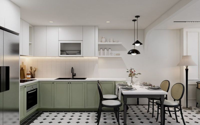 Mẫu trần phẳng phòng bếp chung cư phong cách Indochine trang nhã