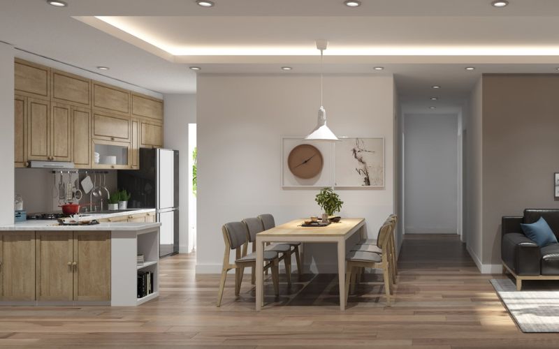 Phòng bếp chung cư thiết kế trần giật cấp phòng khách liền bếp đẹp