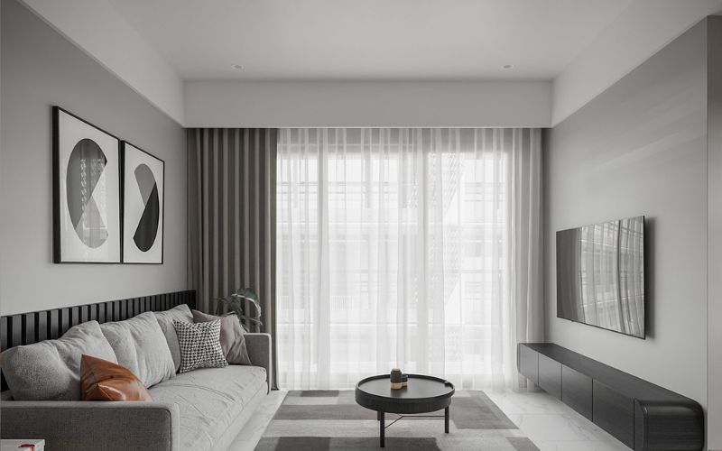 Phòng khách thiết kế trần thạch cao với nội thất tone xám tinh tế