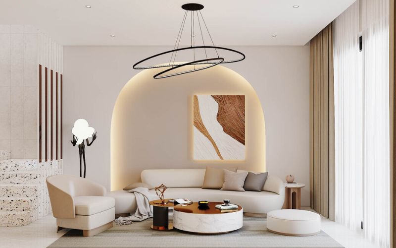 Trần phẳng phòng khách với đèn chùm độc đáo