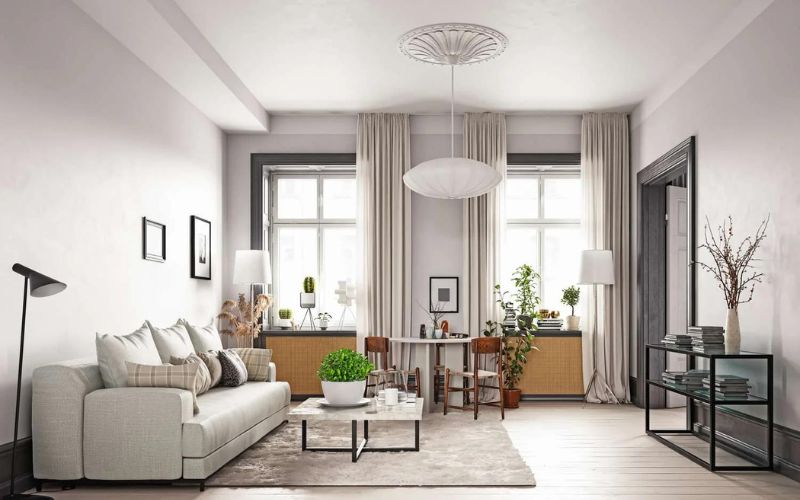 Trần phẳng với điểm nhấn họa tiết ấn tượng của chiếc đèn thả 