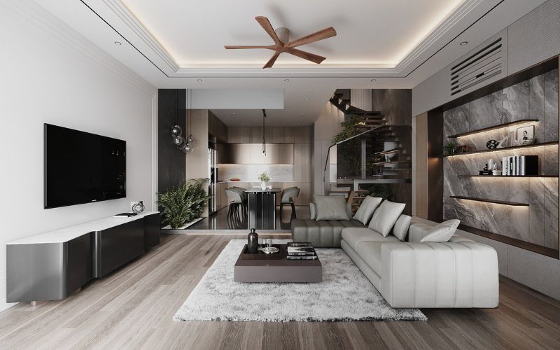 Trần giật 3 cấp ứng dụng ở không gian rộng mang lại vẻ đẹp sang trọng