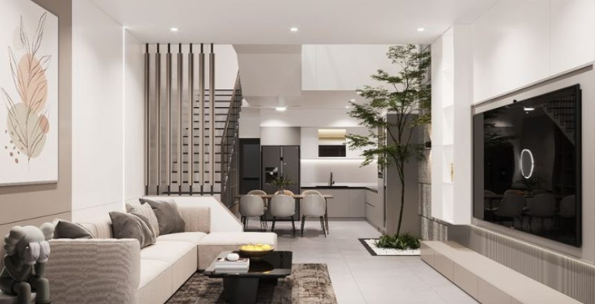 trần thạch cao phòng khách liền bếp